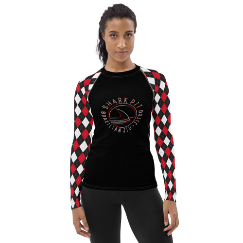 Women's Black and Red Argyle Shark Pit Rash Guard