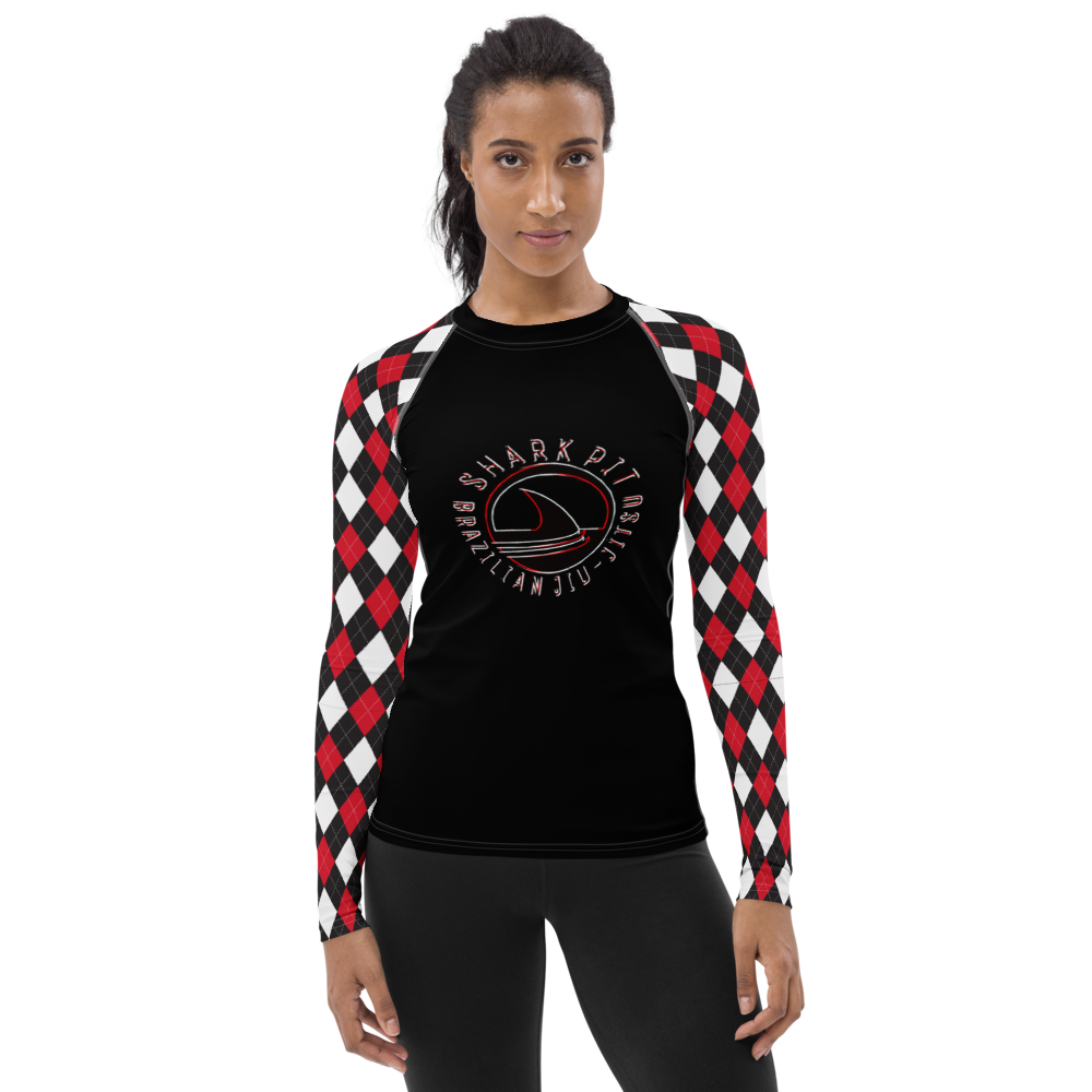 Women's Black and Red Argyle Shark Pit Rash Guard